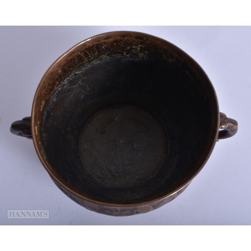 213 - A CHINESE QING DYNASTY TWIN HANDLED BRONZE CENSER decorated with birds and flowers. 263 grams. 12 cm... 