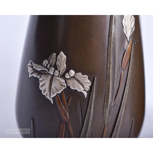 216 - A PAIR OF 19TH CENTURY JAPANESE MEIJI PERIOD NAGOYA BRONZE VASES onlaid in silver with flowers. 11 c... 