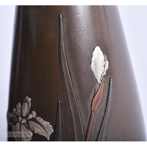 216 - A PAIR OF 19TH CENTURY JAPANESE MEIJI PERIOD NAGOYA BRONZE VASES onlaid in silver with flowers. 11 c... 