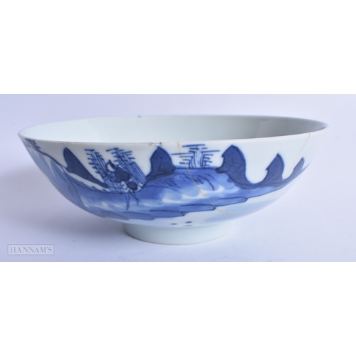 221 - AN 18TH CENTURY CHINESE BLUE AND WHITE PORCELAIN BOWL Qianlong, together with a similar plate & a st... 