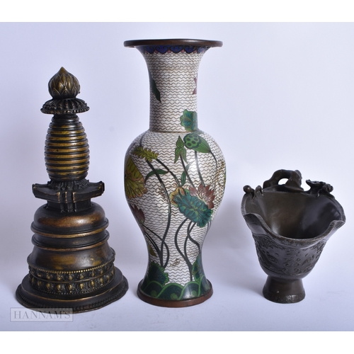 230 - A CHINESE QING DYNASTY CLOISONNE ENAMEL VASE together with a libation cup & Tibetan bronze stupa. La... 