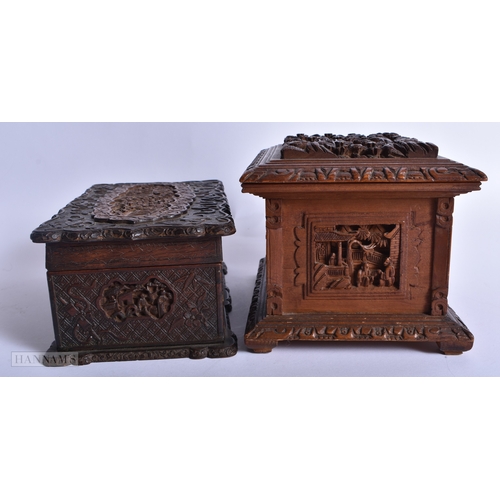 236 - TWO LARGE 19TH CENTURY CHINESE CARVED SANDALWOOD CASKETS Qing. Largest 19 cm wide. (2)