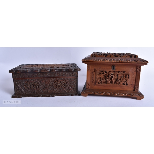 236 - TWO LARGE 19TH CENTURY CHINESE CARVED SANDALWOOD CASKETS Qing. Largest 19 cm wide. (2)