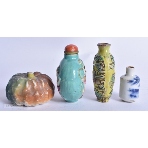 237 - THREE LATE 19TH CENTURY CHINESE PORCELAIN SNUFF BOTTLES together with a porcelain water dropper. Lar... 