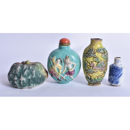 237 - THREE LATE 19TH CENTURY CHINESE PORCELAIN SNUFF BOTTLES together with a porcelain water dropper. Lar... 