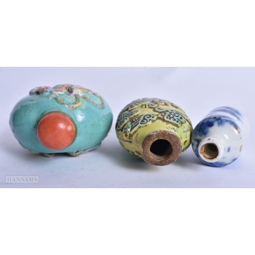 237 - THREE LATE 19TH CENTURY CHINESE PORCELAIN SNUFF BOTTLES together with a porcelain water dropper. Lar... 