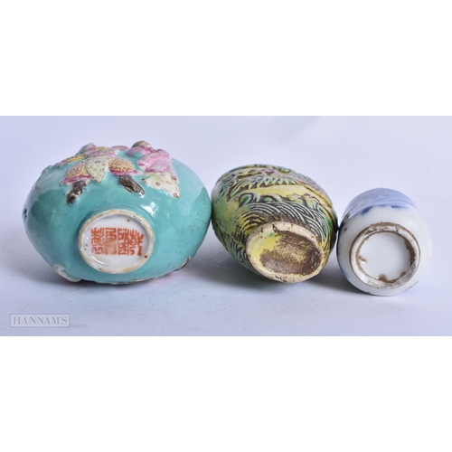 237 - THREE LATE 19TH CENTURY CHINESE PORCELAIN SNUFF BOTTLES together with a porcelain water dropper. Lar... 