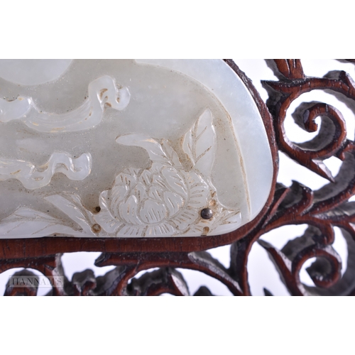 32 - A FINE CHINESE QING DYNASTY CARVED GREENISH WHITE JADE SCHOLARS SCREEN inset with Qianlong jades wit... 