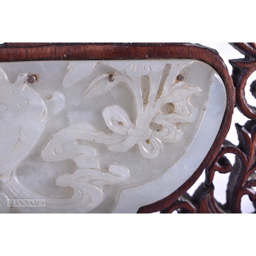 32 - A FINE CHINESE QING DYNASTY CARVED GREENISH WHITE JADE SCHOLARS SCREEN inset with Qianlong jades wit... 