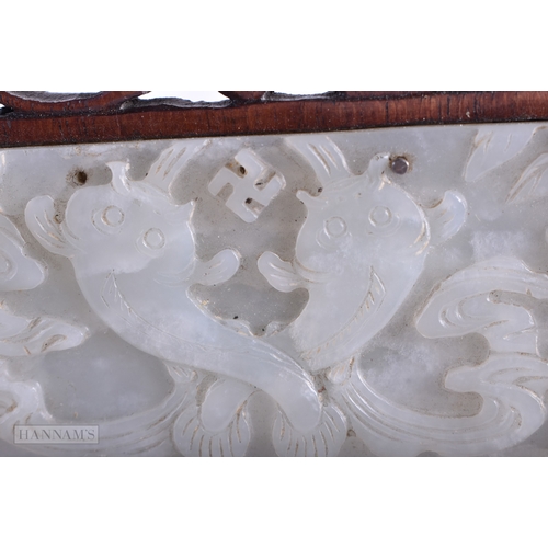 32 - A FINE CHINESE QING DYNASTY CARVED GREENISH WHITE JADE SCHOLARS SCREEN inset with Qianlong jades wit... 