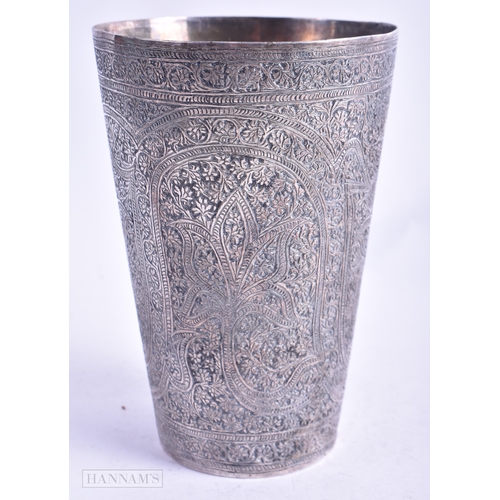 42 - A 19TH CENTURY ISLAMIC PERSIAN WHITE METAL BEAKER decorated with foliage. 245.3 grams. 13.75 cm high... 