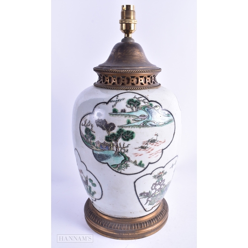 50 - A LARGE 19TH CENTURY CHINESE FAMILLE VERTE PORCELAIN LAMP Kangxi style, painted with carp, birds and... 