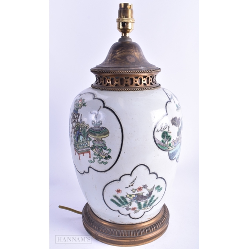 50 - A LARGE 19TH CENTURY CHINESE FAMILLE VERTE PORCELAIN LAMP Kangxi style, painted with carp, birds and... 