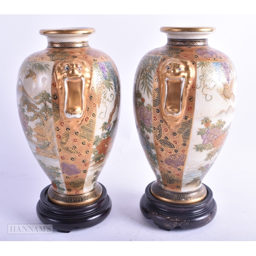 55 - A PAIR OF 19TH CENTURY JAPANESE MEIJI PERIOD SATSUMA VASES painted with birds and landscapes. 17 cm ... 