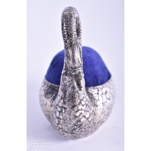 60 - AN ANTIQUE CONTINENTAL SILVER SWAN PIN CUSHION. 90.4 grams. 12.25 cm x 8 cm.