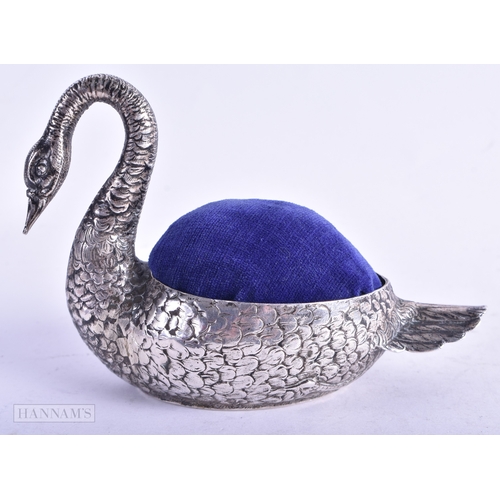 60 - AN ANTIQUE CONTINENTAL SILVER SWAN PIN CUSHION. 90.4 grams. 12.25 cm x 8 cm.