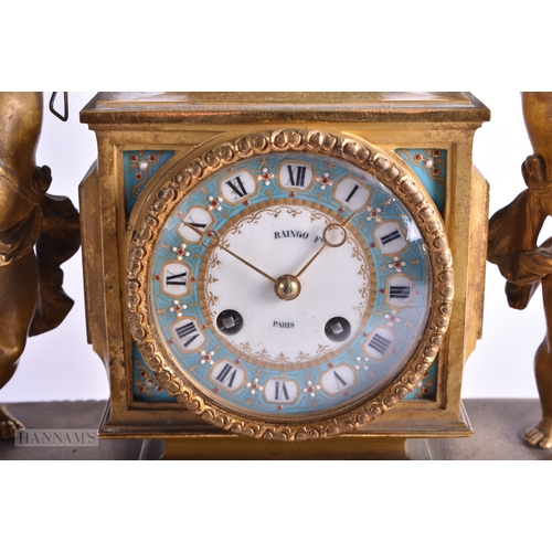 73 - A FINE LARGE 19TH CENTURY FRENCH SEVRES PORCELAIN AND GILT BRONZE MANTEL CLOCK formed with two putti... 