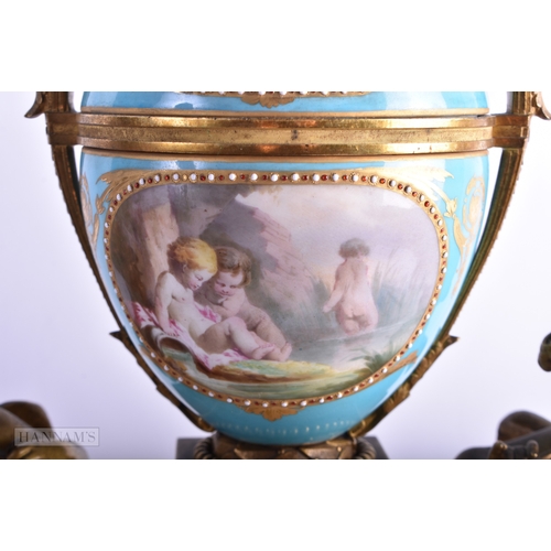 73 - A FINE LARGE 19TH CENTURY FRENCH SEVRES PORCELAIN AND GILT BRONZE MANTEL CLOCK formed with two putti... 