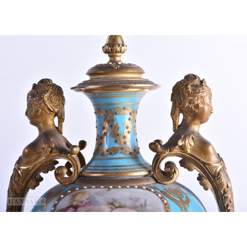 73 - A FINE LARGE 19TH CENTURY FRENCH SEVRES PORCELAIN AND GILT BRONZE MANTEL CLOCK formed with two putti... 