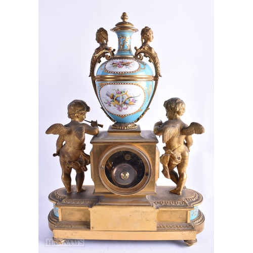 73 - A FINE LARGE 19TH CENTURY FRENCH SEVRES PORCELAIN AND GILT BRONZE MANTEL CLOCK formed with two putti... 