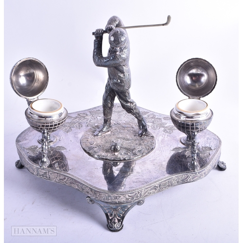 74 - AN UNUSUAL LATE VICTORIAN/EDWARDIAN SILVER PLATED GOLFING INKWELL formed as a male swinging a club, ... 