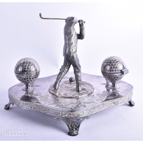 74 - AN UNUSUAL LATE VICTORIAN/EDWARDIAN SILVER PLATED GOLFING INKWELL formed as a male swinging a club, ... 