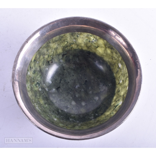 80 - AN ANTIQUE CHINESE SILVER MOUNTED MOSS AGATE STONE BOWL. 137.5 grams. 12.75 cm diameter.