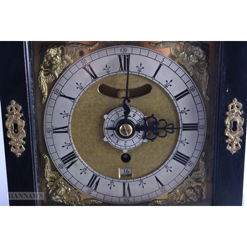 82 - A GEORGE III EBONISED MANTEL CLOCK signed Frederick Allen Derby, the case carved with scrolling fret... 