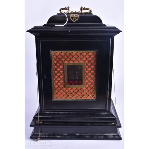 82 - A GEORGE III EBONISED MANTEL CLOCK signed Frederick Allen Derby, the case carved with scrolling fret... 