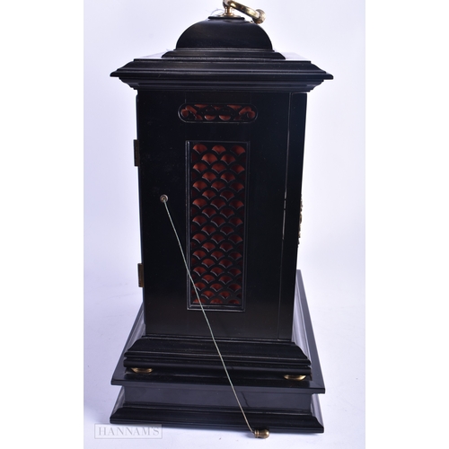 82 - A GEORGE III EBONISED MANTEL CLOCK signed Frederick Allen Derby, the case carved with scrolling fret... 