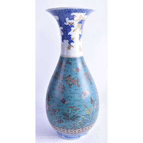 83 - A LARGE 19TH CENTURY JAPANESE MEIJI PERIOD CLOISONNE ENAMEL AND PORCELAIN VASE decorated with butter... 