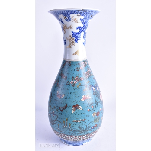 83 - A LARGE 19TH CENTURY JAPANESE MEIJI PERIOD CLOISONNE ENAMEL AND PORCELAIN VASE decorated with butter... 