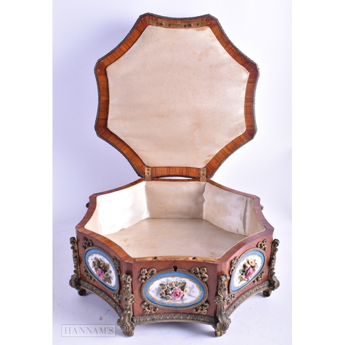 85 - A RARE 19TH CENTURY FRENCH SEVRES PORCELAIN KINGWOOD AND BRONZE JEWELLERY CASKET unusually decorated... 