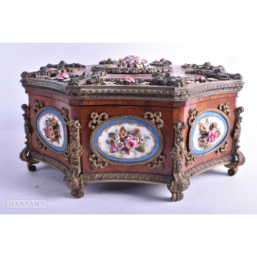 85 - A RARE 19TH CENTURY FRENCH SEVRES PORCELAIN KINGWOOD AND BRONZE JEWELLERY CASKET unusually decorated... 