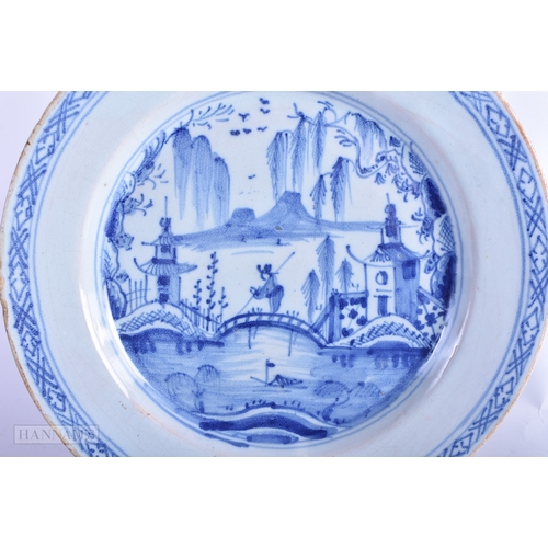 93 - A PAIR OF 18TH CENTURY DELFT TIN GLAZED PLATES painted with figures in a landscape. 23 cm diameter.