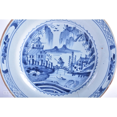 93 - A PAIR OF 18TH CENTURY DELFT TIN GLAZED PLATES painted with figures in a landscape. 23 cm diameter.