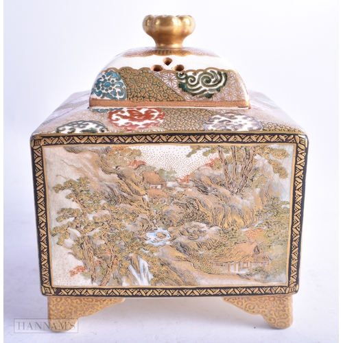 96 - A 19TH CENTURY JAPANESE MEIJI PERIOD SQUARE FORM SATSUMA KORO AND COVER painted with geisha and land... 