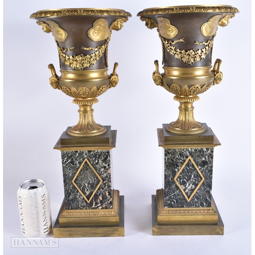 608 - A LOVELY LARGE PAIR OF EARLY 19TH CENTURY FRENCH BRONZE VASES beautifully cast with mask head butter... 