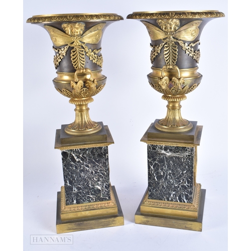 608 - A LOVELY LARGE PAIR OF EARLY 19TH CENTURY FRENCH BRONZE VASES beautifully cast with mask head butter... 