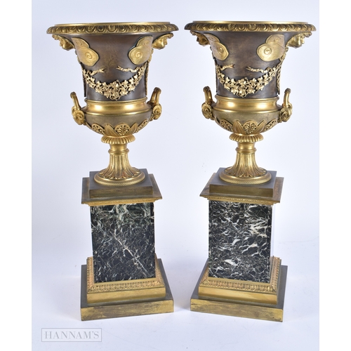 608 - A LOVELY LARGE PAIR OF EARLY 19TH CENTURY FRENCH BRONZE VASES beautifully cast with mask head butter... 