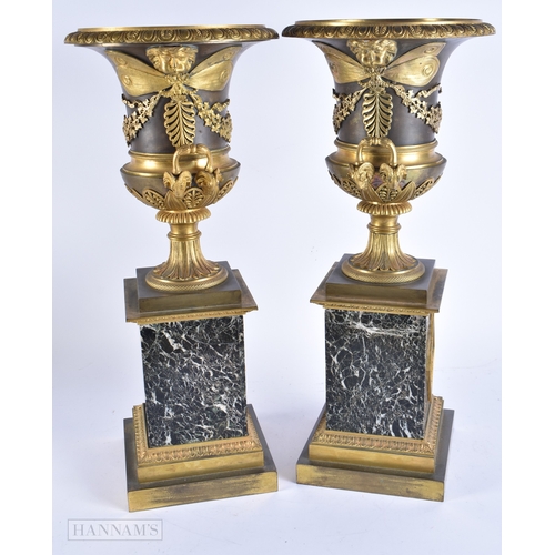 608 - A LOVELY LARGE PAIR OF EARLY 19TH CENTURY FRENCH BRONZE VASES beautifully cast with mask head butter... 