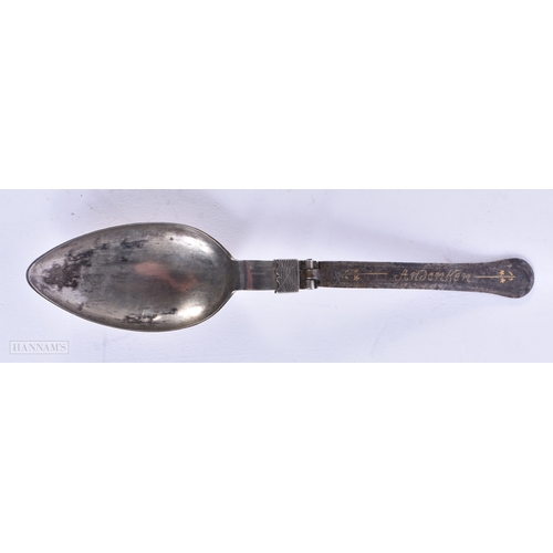 611 - A RARE 18TH CENTURY CONTINENTAL SILVER CAMPAIGN SPOON inscribed Andenken in gilt. 33 cm long. 17 cm ... 