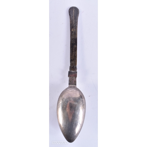 611 - A RARE 18TH CENTURY CONTINENTAL SILVER CAMPAIGN SPOON inscribed Andenken in gilt. 33 cm long. 17 cm ... 