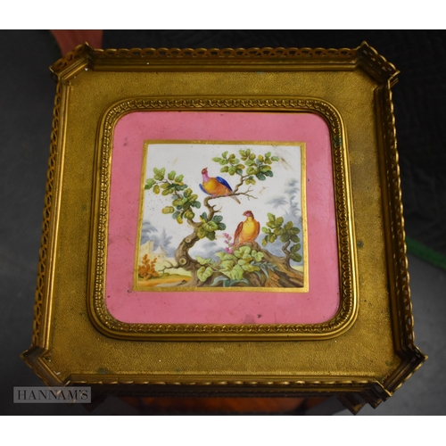 617 - A FINE MID 19TH CENTURY ENGLISH BURR WALNUT AND GILT BRONZE TABLE inset with an English porcelain pa... 