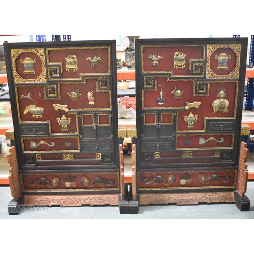 618 - A MONUMENTAL PAIR OF CHINESE CARVED WOOD AND LACQUER CLOISONNE ENAMEL FLOOR SCREENS decorated with u... 