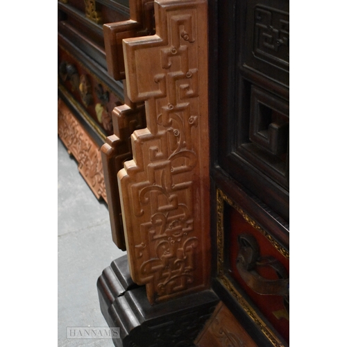 618 - A MONUMENTAL PAIR OF CHINESE CARVED WOOD AND LACQUER CLOISONNE ENAMEL FLOOR SCREENS decorated with u... 