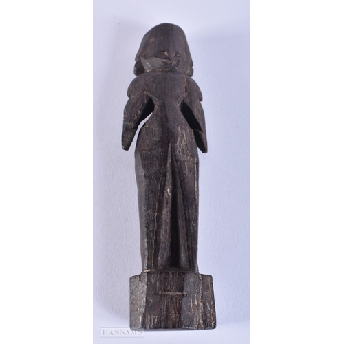 147 - AN AFRICAN TRIBAL CARVED WOOD FIGURE together with another Indian wood deity. Largest 23.5 cm high. ... 