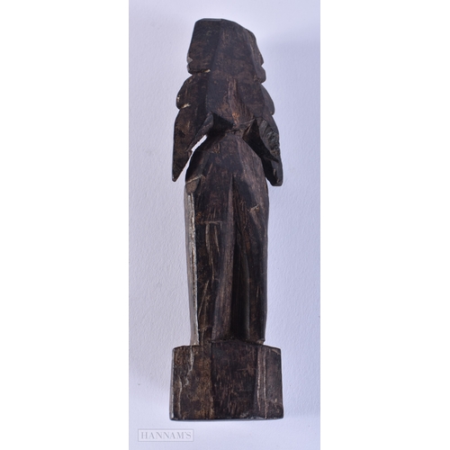 147 - AN AFRICAN TRIBAL CARVED WOOD FIGURE together with another Indian wood deity. Largest 23.5 cm high. ... 