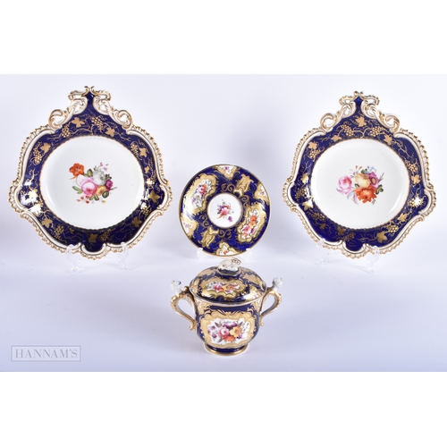 148 - A PAIR OF EARLY 19TH CENTURY ENGLISH PORCELAIN DISHES together with a similar twin handled cup and c... 