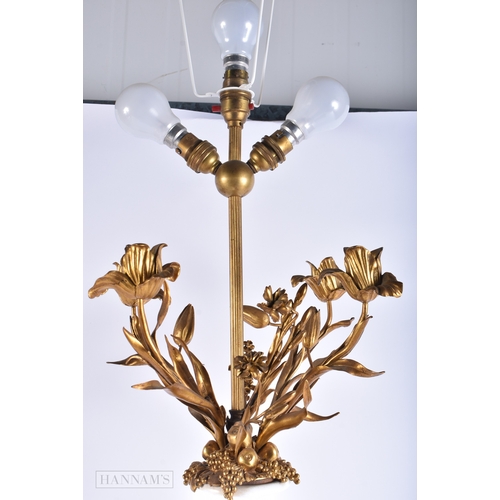 149 - AN UNUSUAL LARGE ANTIQUE FRENCH PORCELAIN AND ORMOLU COUNTRY HOUSE LAMP. 82 cm high.